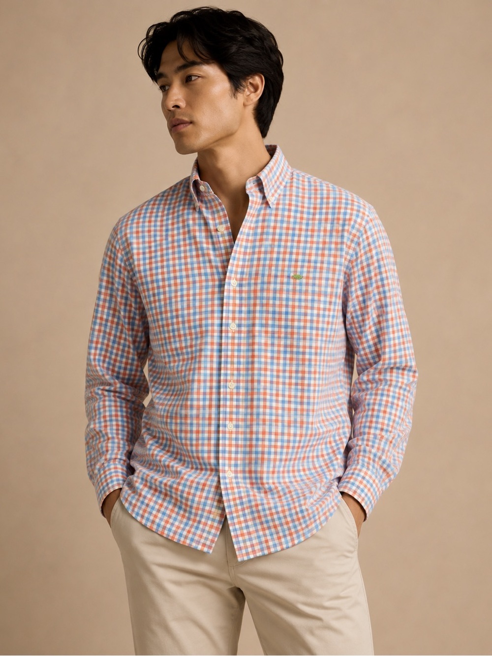 Southern Tide Men's Gingham Button-Down Shirt in Light Blue & Orange Large
